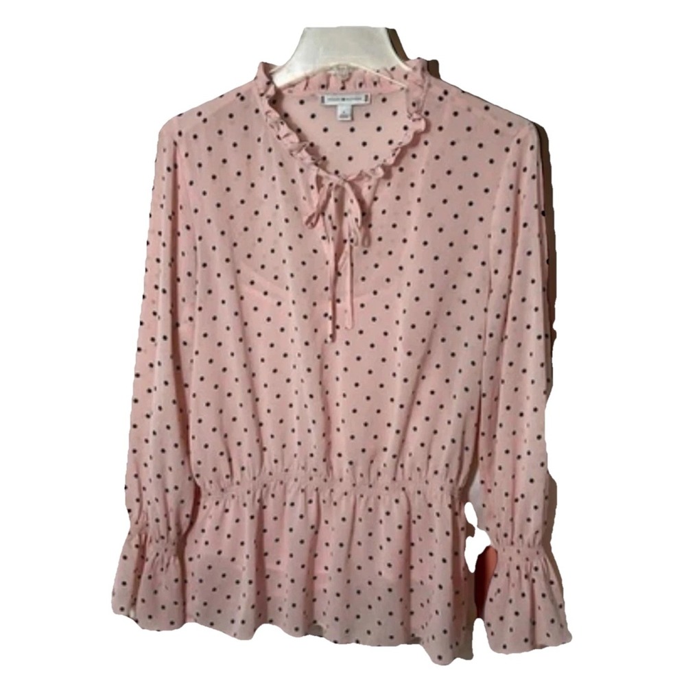 Tommy Hilfiger Pink Polka Dot Chiffon Lined Peasant Blouse Medium Polyester top